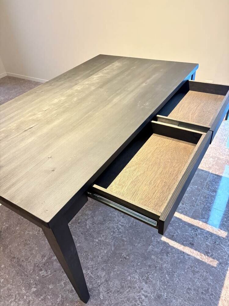 ダイニングテーブル黒ブラック艶消し引き出しスライドレール