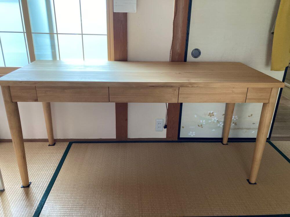 ワークデスク勉強机PC台丸脚引き出し付きモミの木無垢材