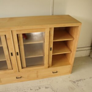 食器棚 ガラス扉 引出し 引き戸 ブラウン キッチンボード カップボード うつわ サイドボード032 120×98×40 無垢ガラス引き戸棚移動カップボード