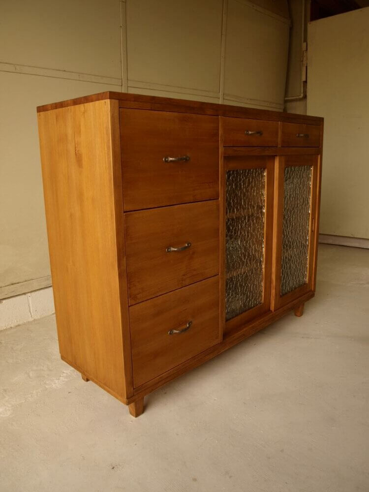 サイドボードキッチンボード横120cmアンティークガラス真鍮取っ手引き戸