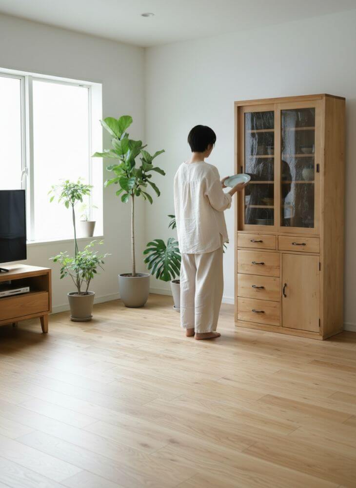 画像 食器棚 カップボード ハイタイプ デザインガラス引き戸 真鍮取っ手 無垢材