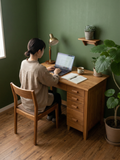 ワークデスク勉強机PC机無垢材レトロシンプルチェスト一体型