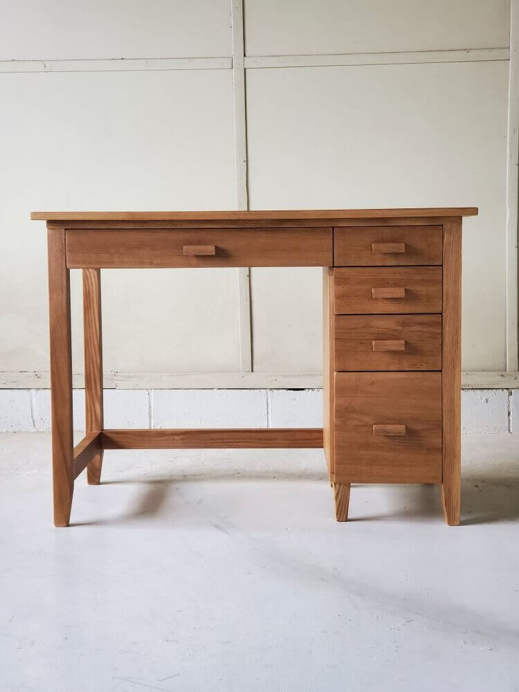 画像 ワークデスク勉強机PC机無垢材レトロシンプルチェスト一体型